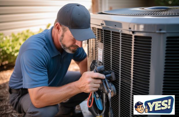 YES! technician crouched down next to an HVAC unit outside with a testing tool conducting HVAC Repair in a Salt Lake City home's yard. 